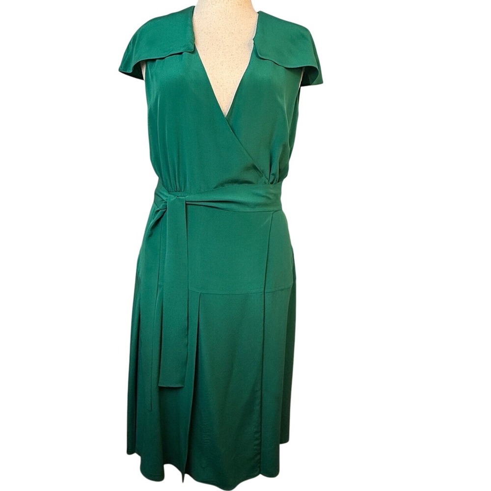 Burberry London England Silk Green Wrap Dress Pleated Knee Length UK 10 US 8